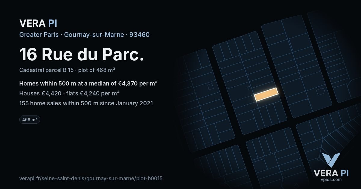 16 Rue du Parc, Gournay-sur-Marne at night – the plot lit, the parcels around coloured by the prices near them