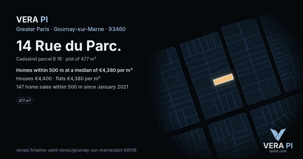 14 Rue du Parc, Gournay-sur-Marne at night – the plot lit, the parcels around coloured by the prices near them