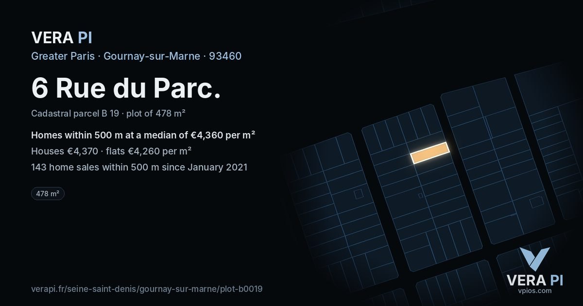 6 Rue du Parc, Gournay-sur-Marne at night – the plot lit, the parcels around coloured by the prices near them