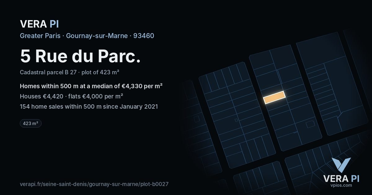 5 Rue du Parc, Gournay-sur-Marne at night – the plot lit, the parcels around coloured by the prices near them