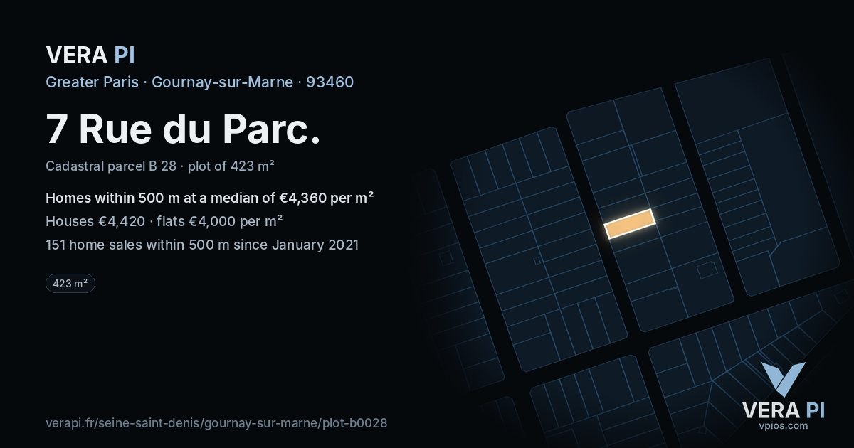7 Rue du Parc, Gournay-sur-Marne at night – the plot lit, the parcels around coloured by the prices near them