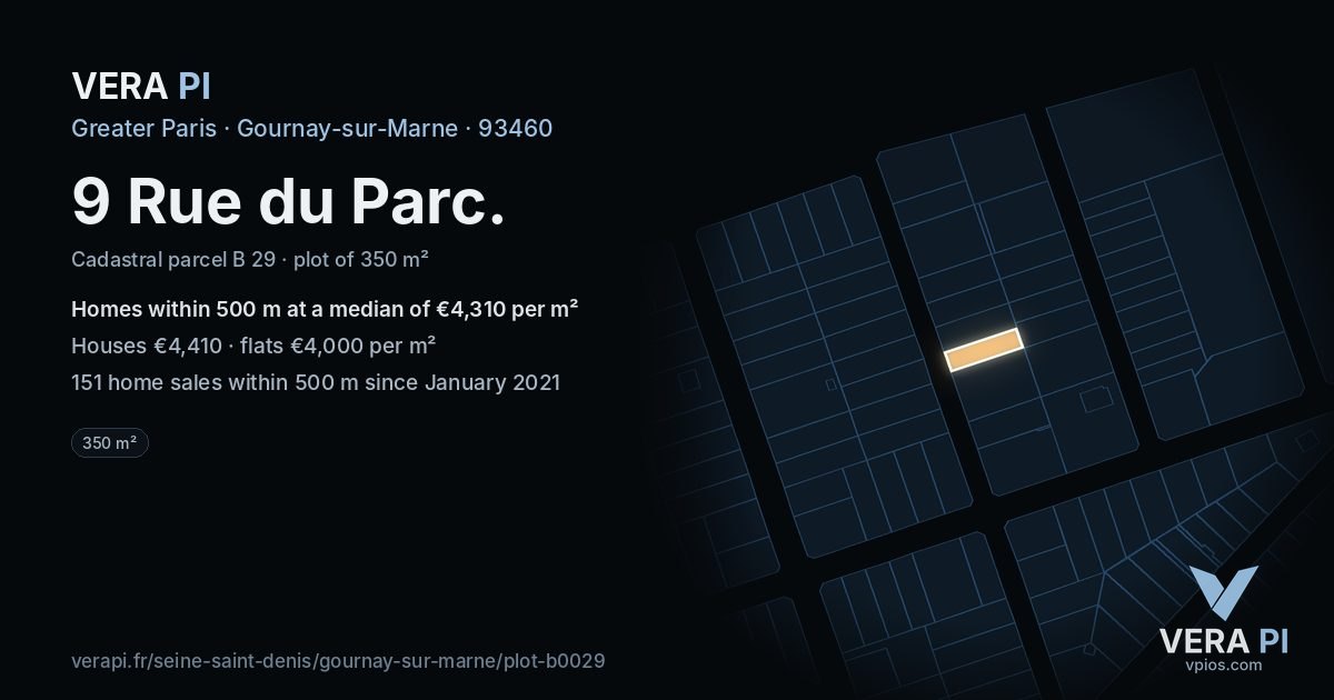 9 Rue du Parc, Gournay-sur-Marne at night – the plot lit, the parcels around coloured by the prices near them