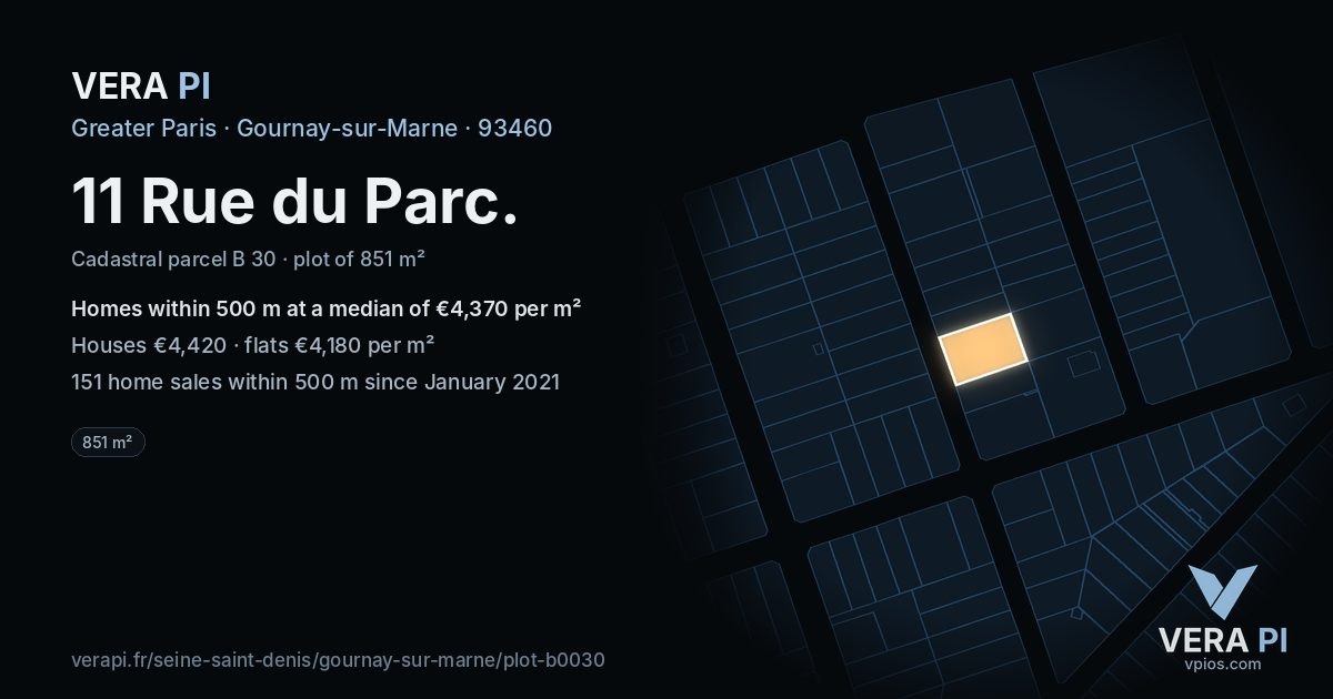 11 Rue du Parc, Gournay-sur-Marne at night – the plot lit, the parcels around coloured by the prices near them