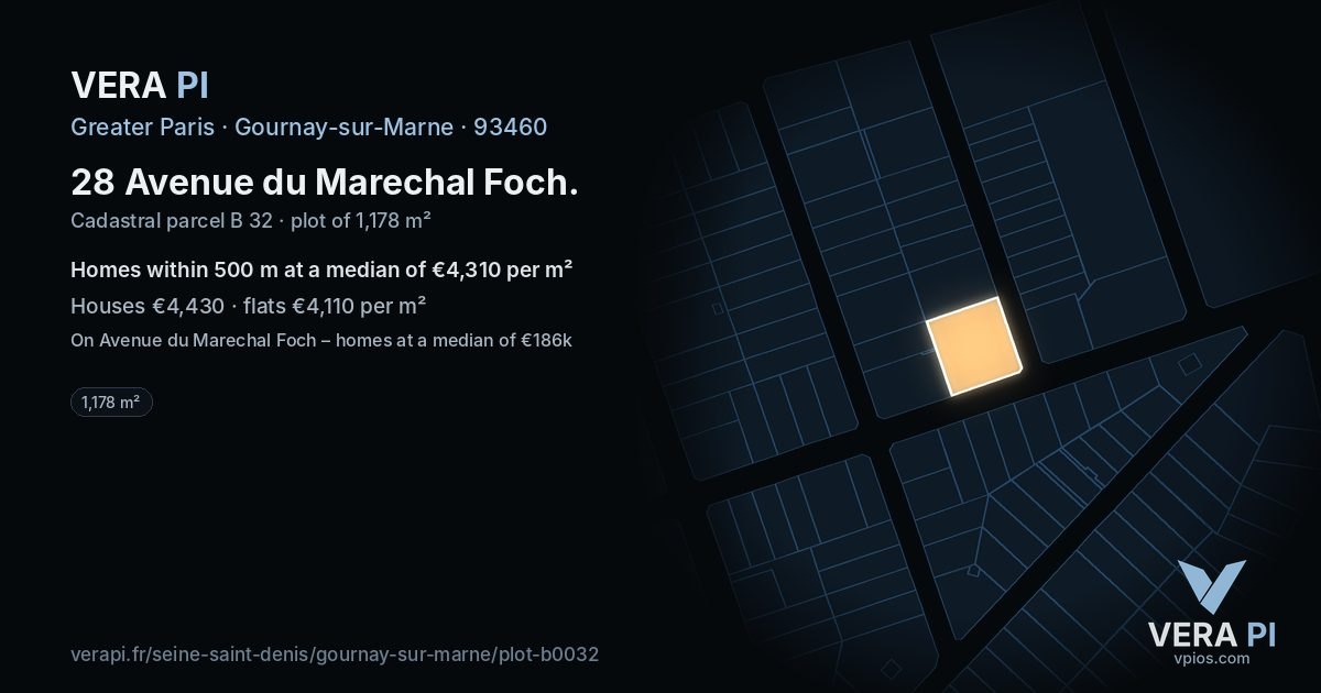28 Avenue du Marechal Foch, Gournay-sur-Marne at night – the plot lit, the parcels around coloured by the prices near them