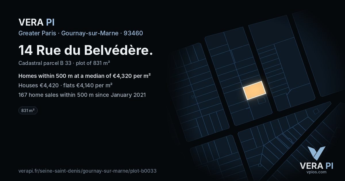 14 Rue du Belvédère, Gournay-sur-Marne at night – the plot lit, the parcels around coloured by the prices near them