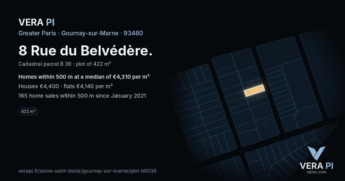 8 Rue du Belvédère, Gournay-sur-Marne at night – the plot lit, the parcels around coloured by the prices near them