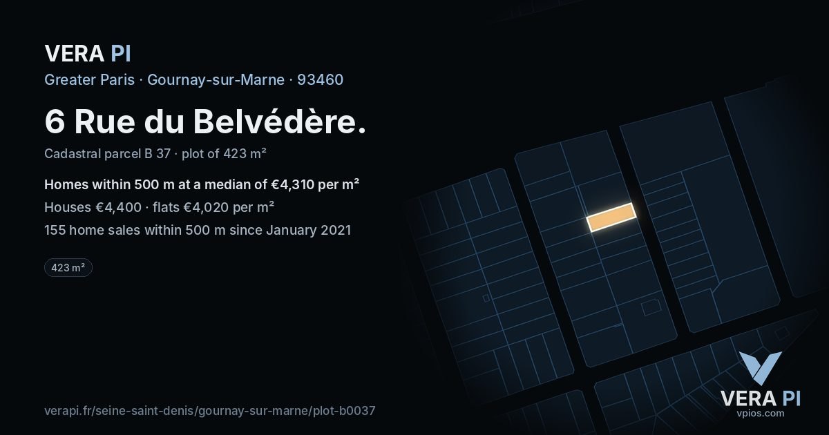 6 Rue du Belvédère, Gournay-sur-Marne at night – the plot lit, the parcels around coloured by the prices near them