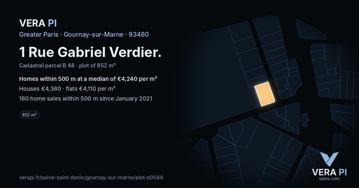 1 Rue Gabriel Verdier, Gournay-sur-Marne at night – the plot lit, the parcels around coloured by the prices near them