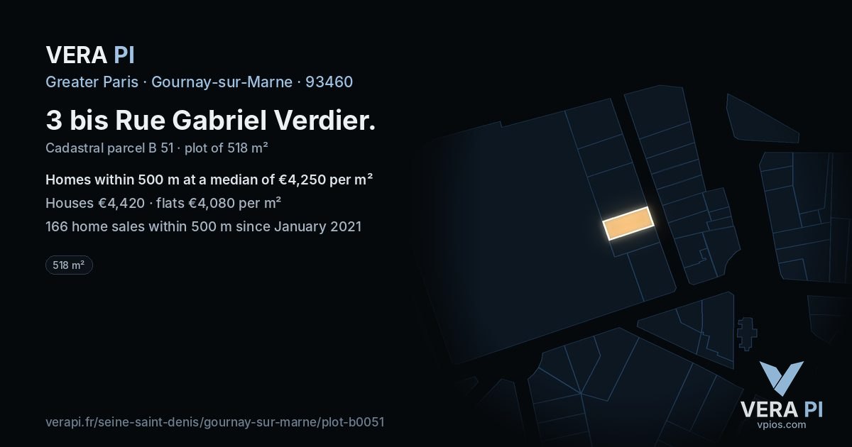 3 bis Rue Gabriel Verdier, Gournay-sur-Marne at night – the plot lit, the parcels around coloured by the prices near them