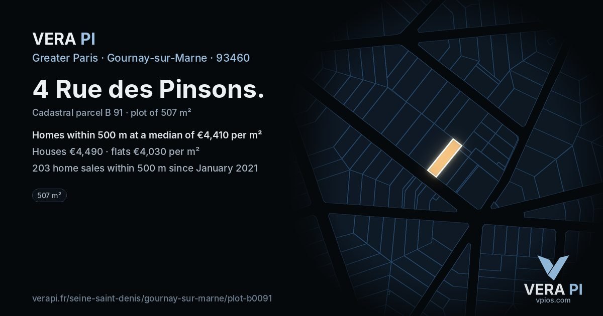 4 Rue des Pinsons, Gournay-sur-Marne at night – the plot lit, the parcels around coloured by the prices near them