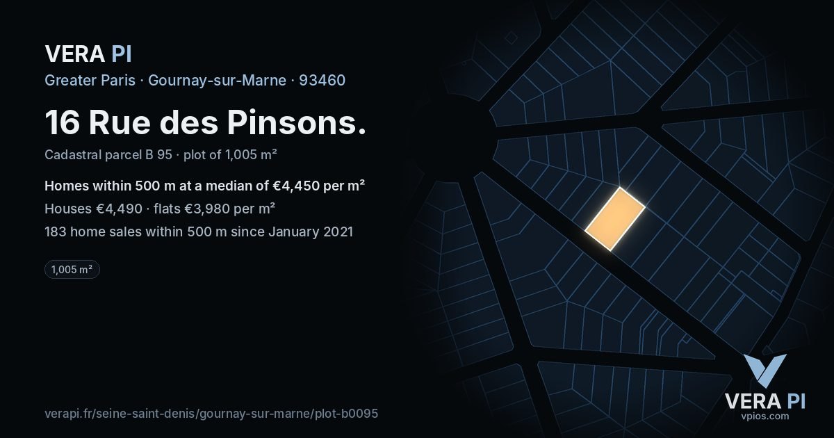 16 Rue des Pinsons, Gournay-sur-Marne at night – the plot lit, the parcels around coloured by the prices near them