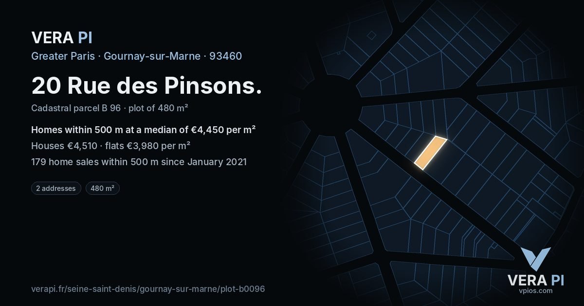 20 Rue des Pinsons, Gournay-sur-Marne at night – the plot lit, the parcels around coloured by the prices near them