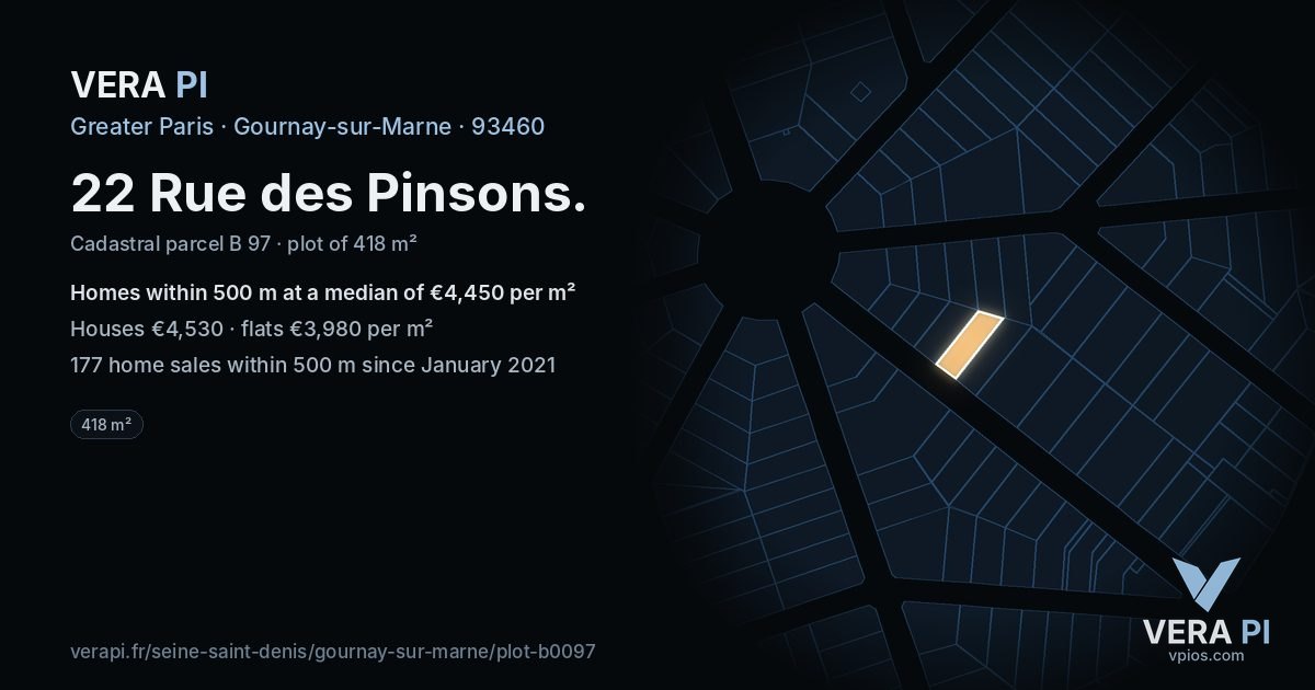 22 Rue des Pinsons, Gournay-sur-Marne at night – the plot lit, the parcels around coloured by the prices near them