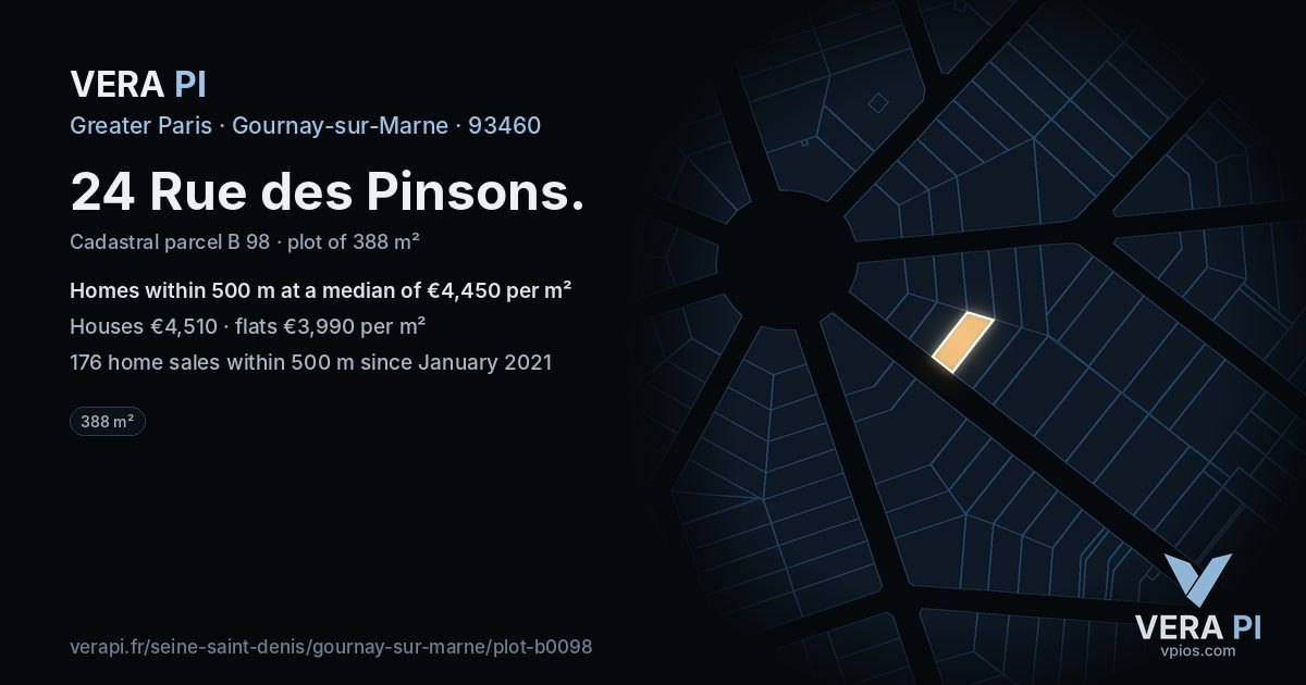 24 Rue des Pinsons, Gournay-sur-Marne at night – the plot lit, the parcels around coloured by the prices near them