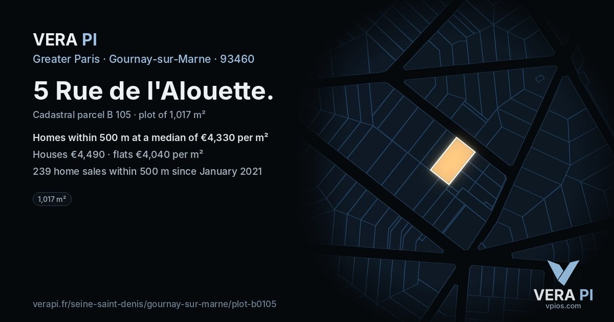 5 Rue de l'Alouette, Gournay-sur-Marne at night – the plot lit, the parcels around coloured by the prices near them