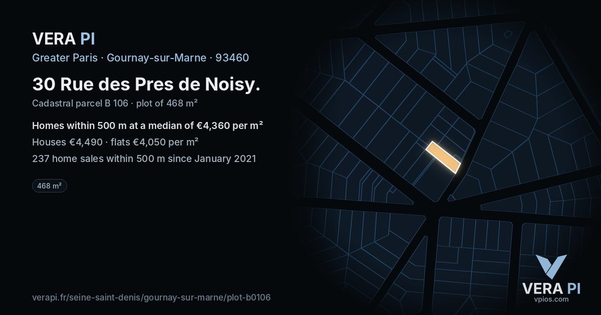 30 Rue des Pres de Noisy, Gournay-sur-Marne at night – the plot lit, the parcels around coloured by the prices near them