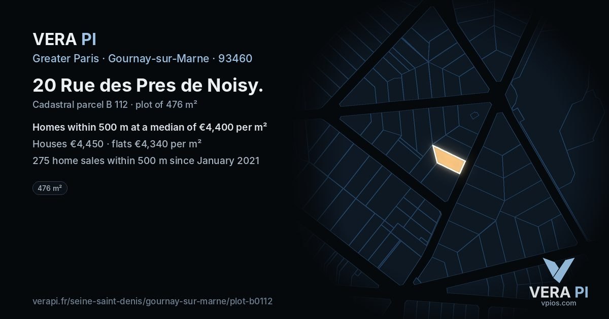 20 Rue des Pres de Noisy, Gournay-sur-Marne at night – the plot lit, the parcels around coloured by the prices near them