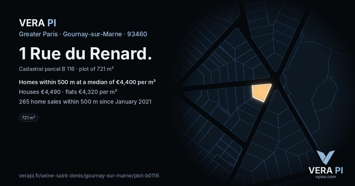 1 Rue du Renard, Gournay-sur-Marne at night – the plot lit, the parcels around coloured by the prices near them