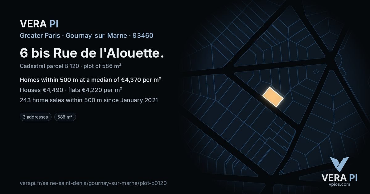 6 bis Rue de l'Alouette, Gournay-sur-Marne at night – the plot lit, the parcels around coloured by the prices near them