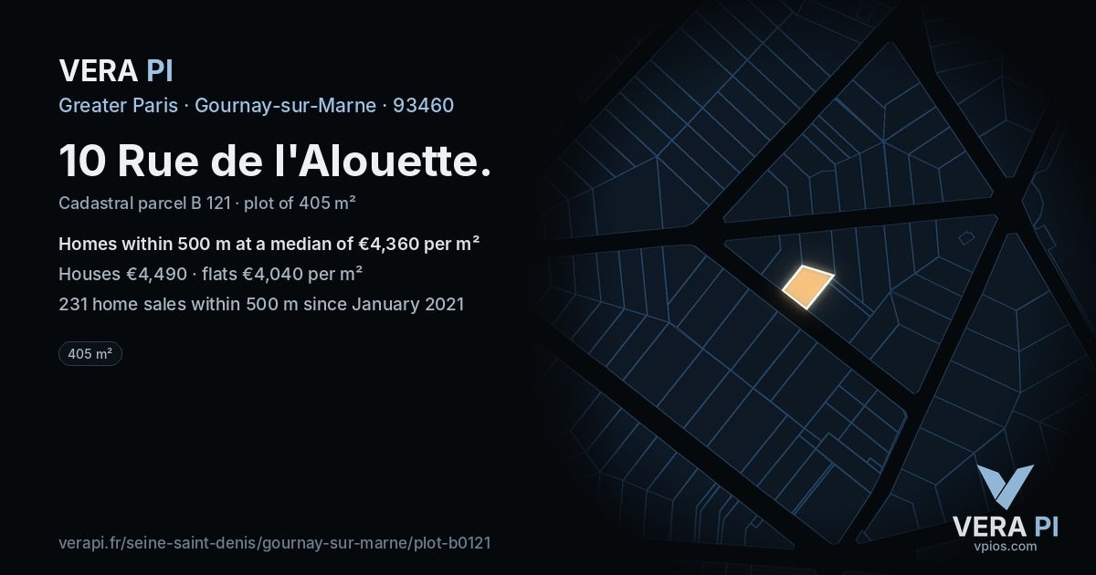 10 Rue de l'Alouette, Gournay-sur-Marne at night – the plot lit, the parcels around coloured by the prices near them