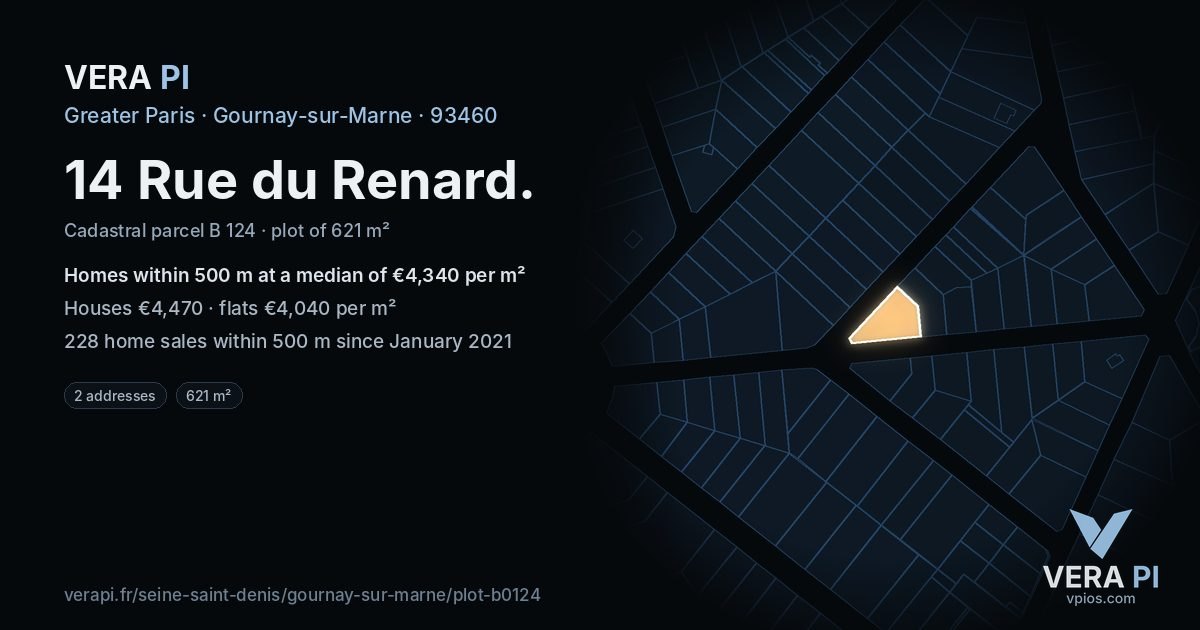 14 Rue du Renard, Gournay-sur-Marne at night – the plot lit, the parcels around coloured by the prices near them