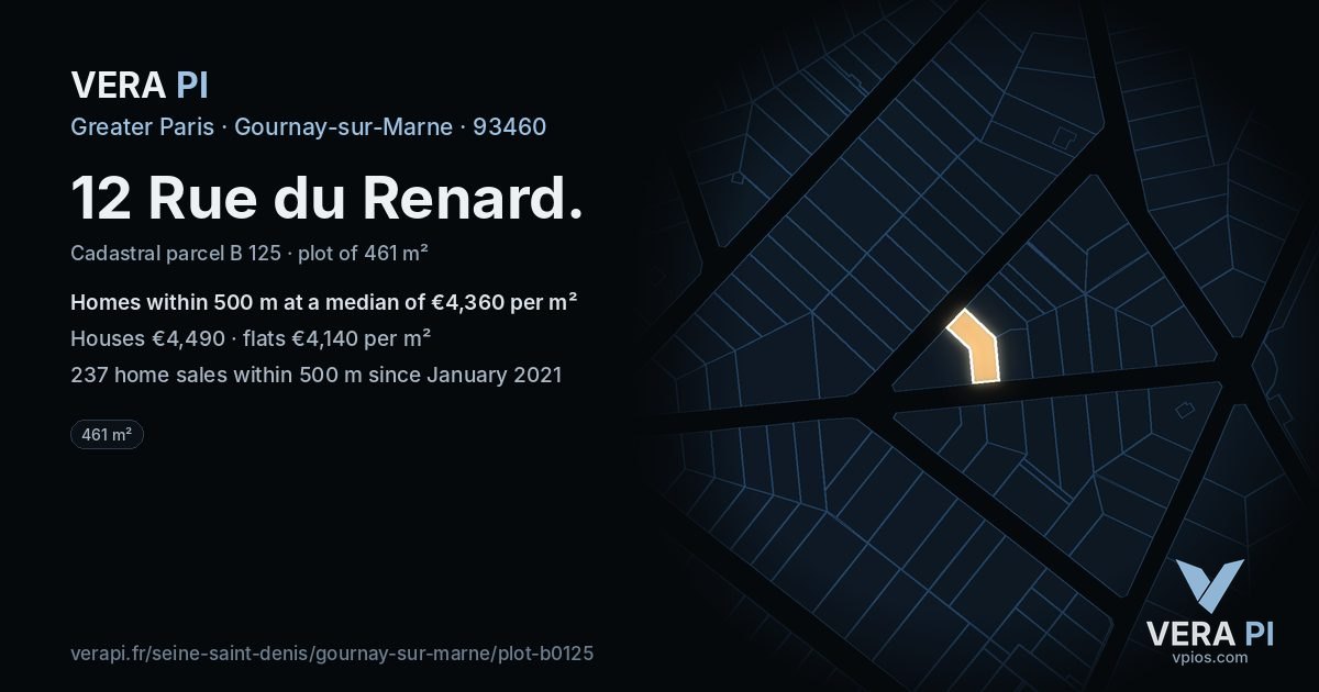 12 Rue du Renard, Gournay-sur-Marne at night – the plot lit, the parcels around coloured by the prices near them