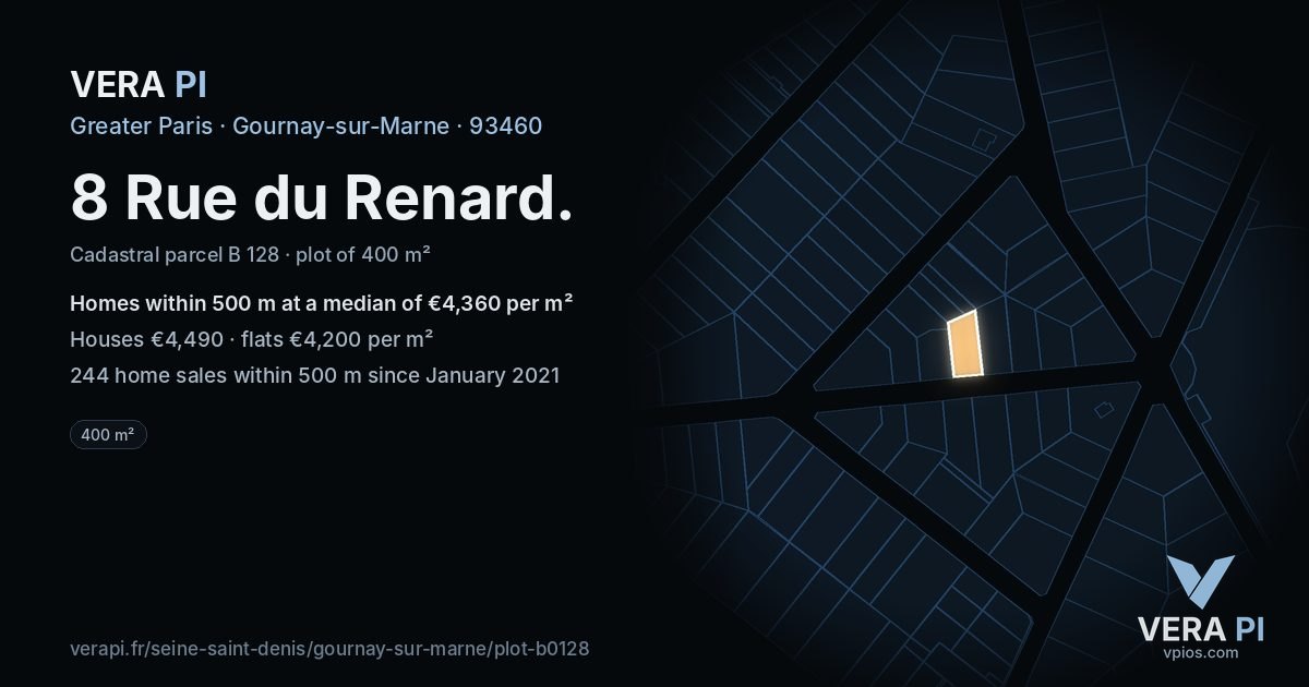 8 Rue du Renard, Gournay-sur-Marne at night – the plot lit, the parcels around coloured by the prices near them