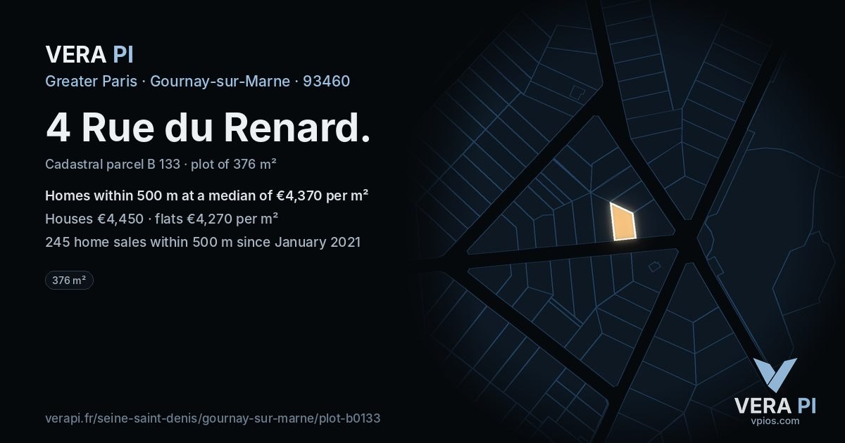 4 Rue du Renard, Gournay-sur-Marne at night – the plot lit, the parcels around coloured by the prices near them