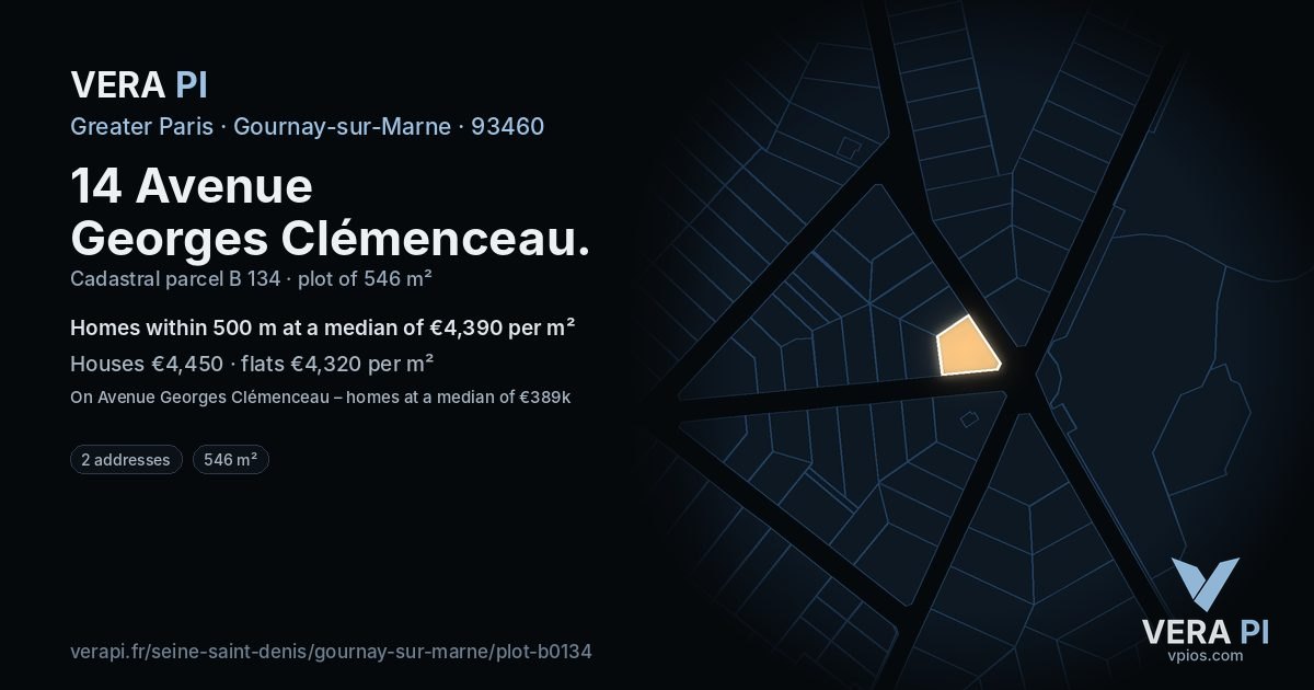 14 Avenue Georges Clémenceau, Gournay-sur-Marne at night – the plot lit, the parcels around coloured by the prices near them
