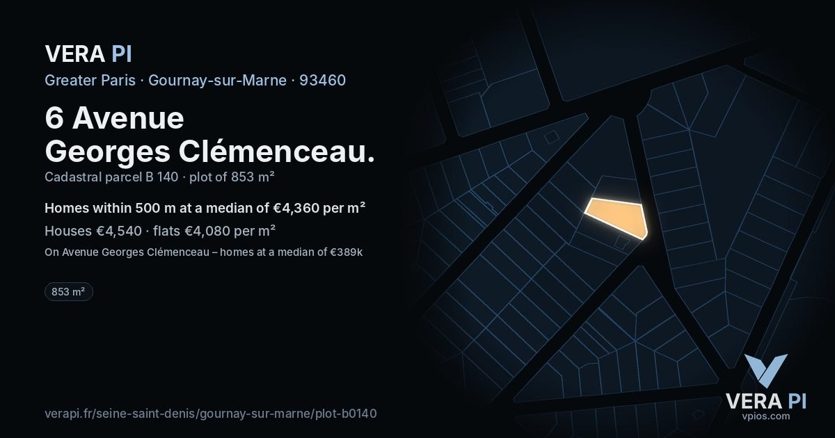 6 Avenue Georges Clémenceau, Gournay-sur-Marne at night – the plot lit, the parcels around coloured by the prices near them