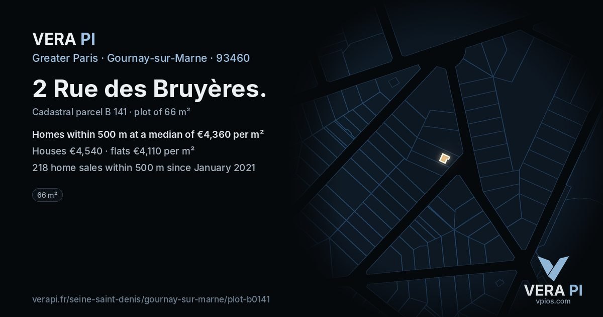 2 Rue des Bruyères, Gournay-sur-Marne at night – the plot lit, the parcels around coloured by the prices near them