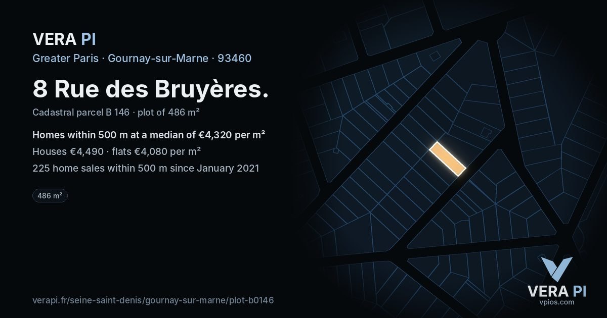 8 Rue des Bruyères, Gournay-sur-Marne at night – the plot lit, the parcels around coloured by the prices near them
