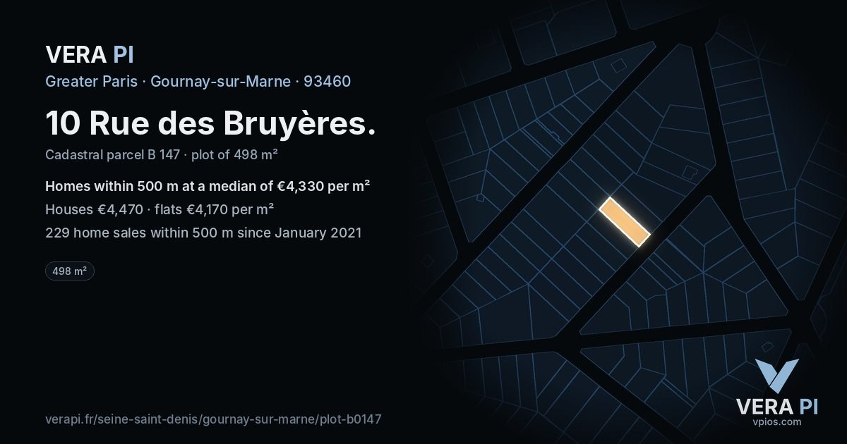 10 Rue des Bruyères, Gournay-sur-Marne at night – the plot lit, the parcels around coloured by the prices near them