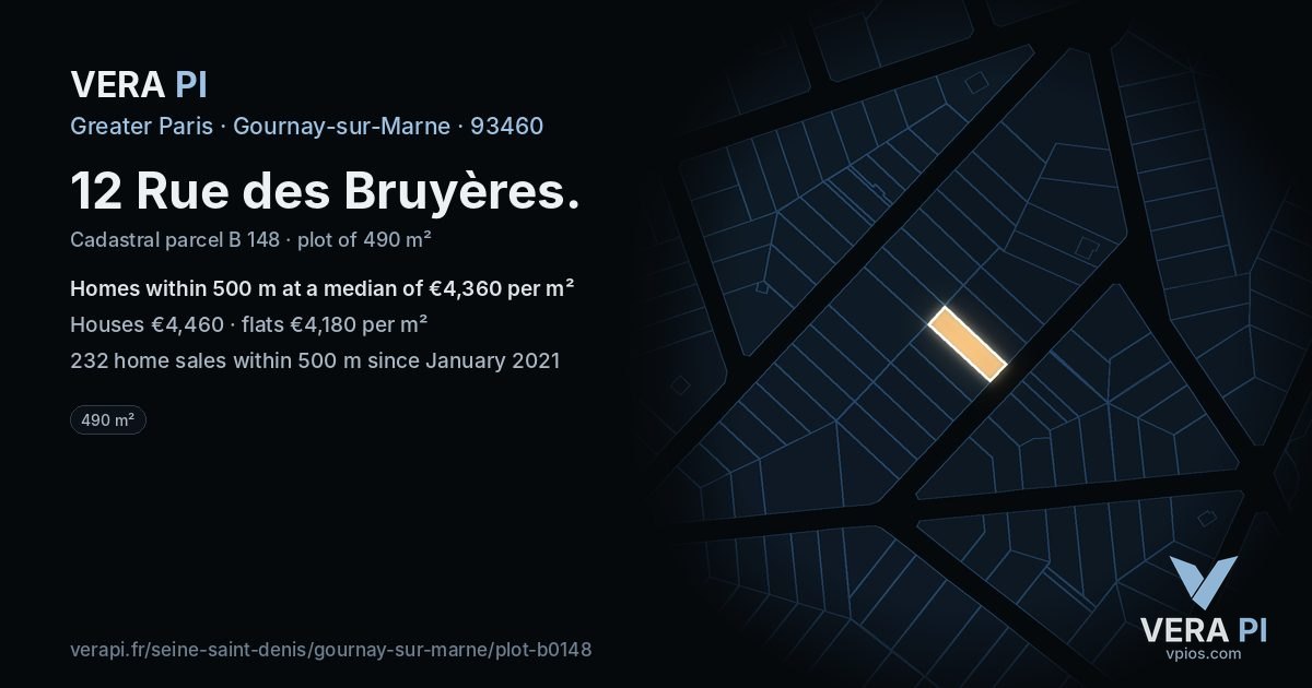12 Rue des Bruyères, Gournay-sur-Marne at night – the plot lit, the parcels around coloured by the prices near them