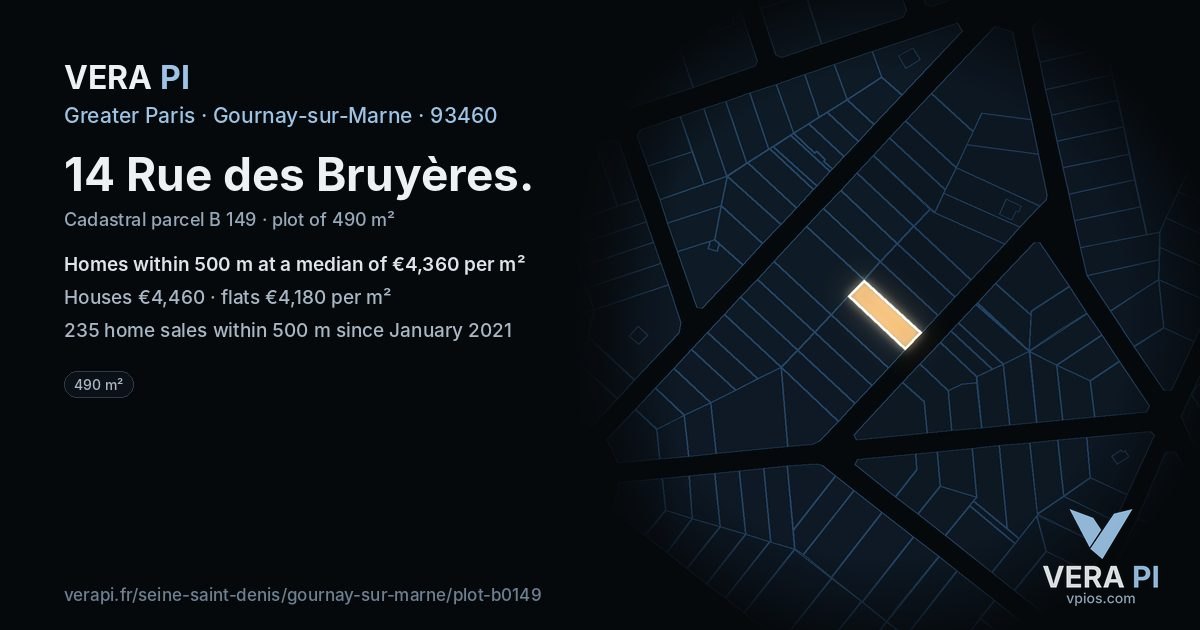 14 Rue des Bruyères, Gournay-sur-Marne at night – the plot lit, the parcels around coloured by the prices near them
