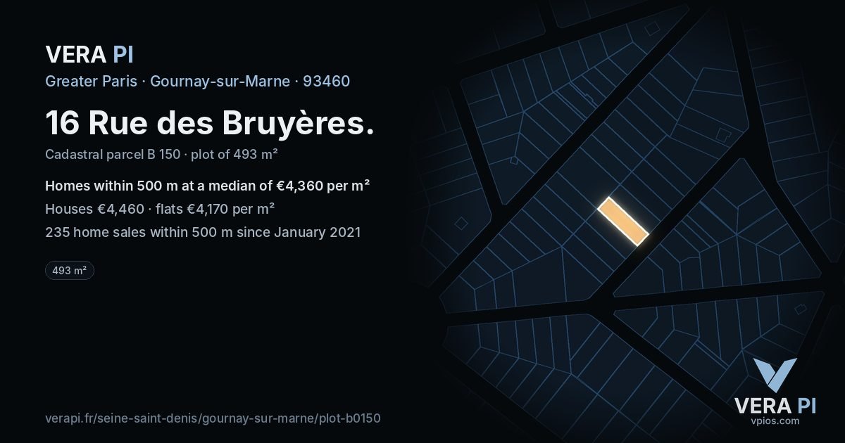 16 Rue des Bruyères, Gournay-sur-Marne at night – the plot lit, the parcels around coloured by the prices near them