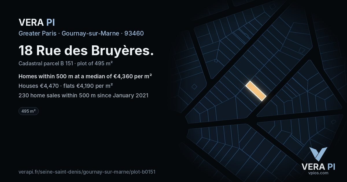 18 Rue des Bruyères, Gournay-sur-Marne at night – the plot lit, the parcels around coloured by the prices near them