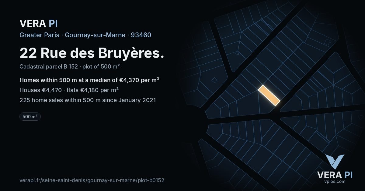 22 Rue des Bruyères, Gournay-sur-Marne at night – the plot lit, the parcels around coloured by the prices near them
