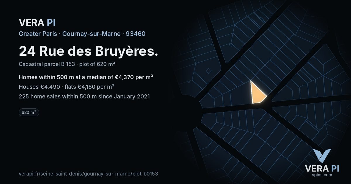 24 Rue des Bruyères, Gournay-sur-Marne at night – the plot lit, the parcels around coloured by the prices near them