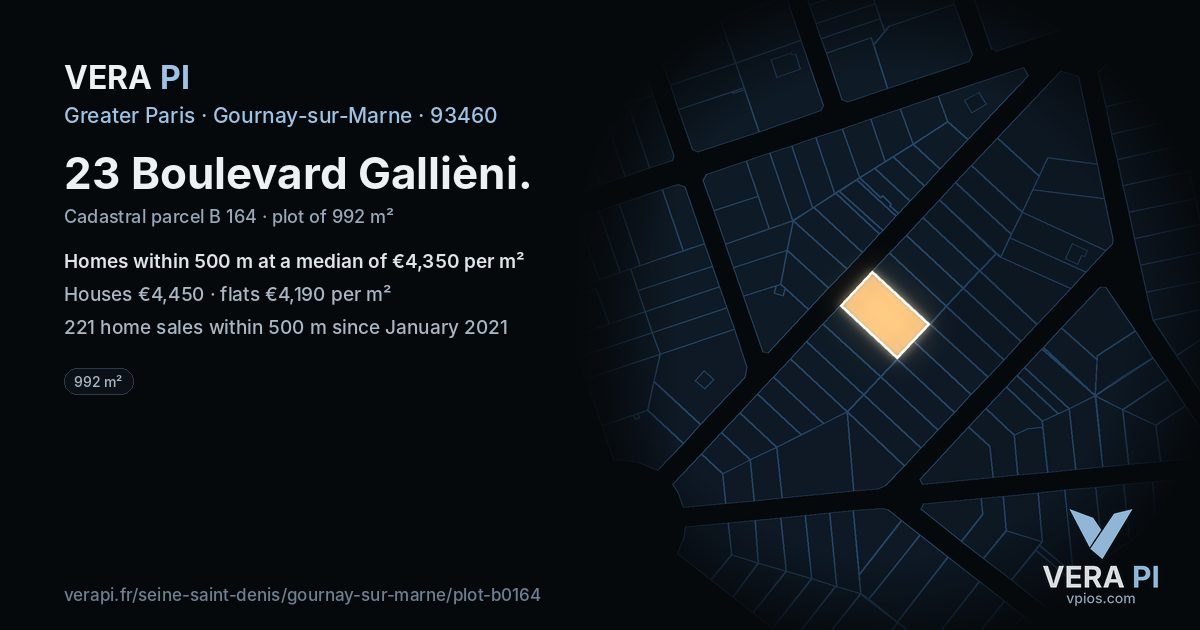23 Boulevard Gallièni, Gournay-sur-Marne at night – the plot lit, the parcels around coloured by the prices near them