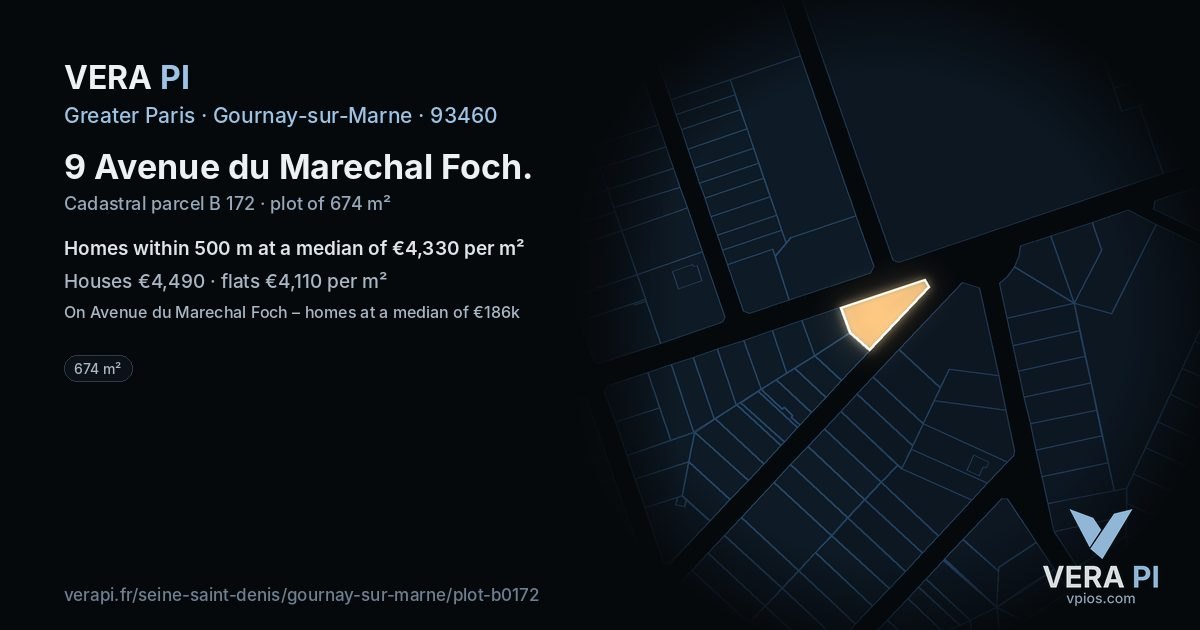9 Avenue du Marechal Foch, Gournay-sur-Marne at night – the plot lit, the parcels around coloured by the prices near them