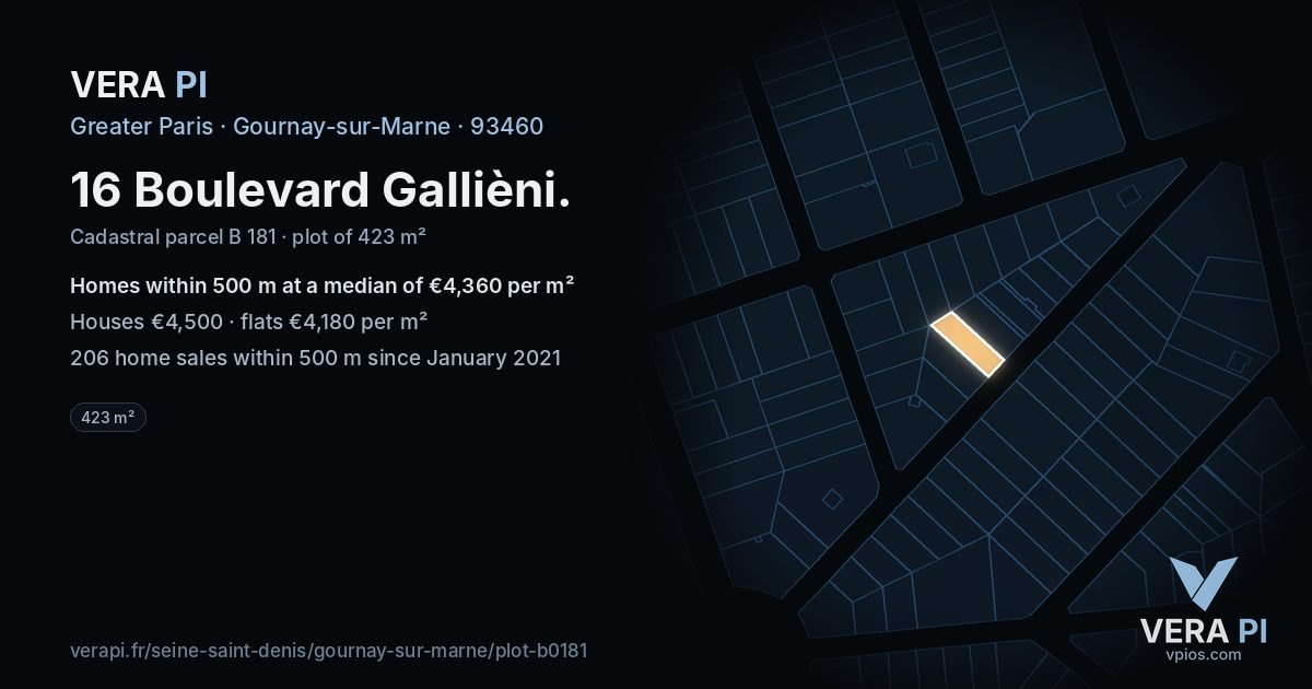 16 Boulevard Gallièni, Gournay-sur-Marne at night – the plot lit, the parcels around coloured by the prices near them