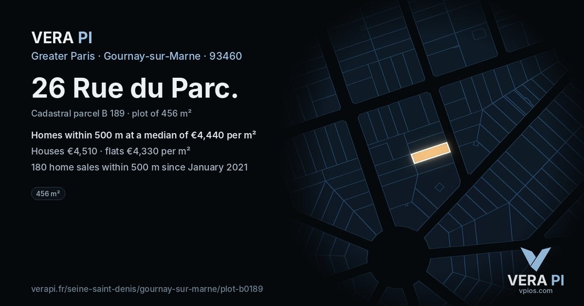 26 Rue du Parc, Gournay-sur-Marne at night – the plot lit, the parcels around coloured by the prices near them