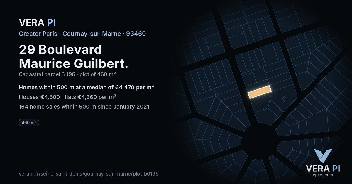 29 Boulevard Maurice Guilbert, Gournay-sur-Marne at night – the plot lit, the parcels around coloured by the prices near them