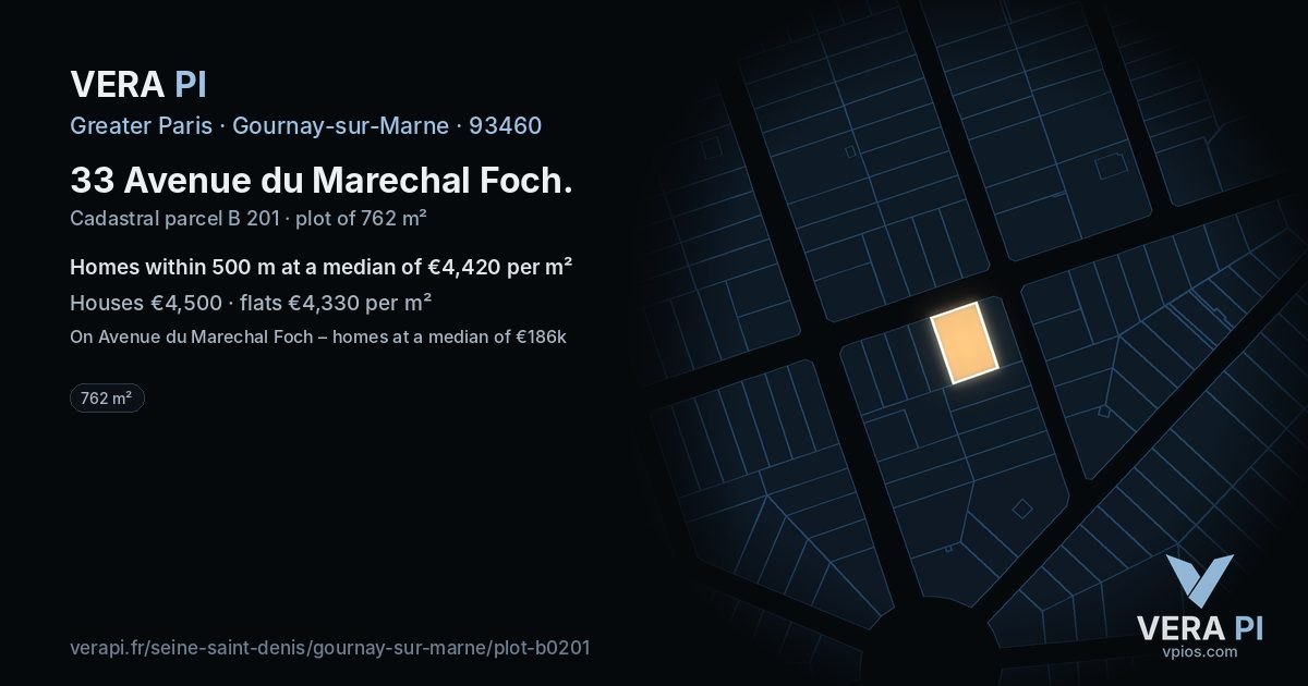 33 Avenue du Marechal Foch, Gournay-sur-Marne at night – the plot lit, the parcels around coloured by the prices near them