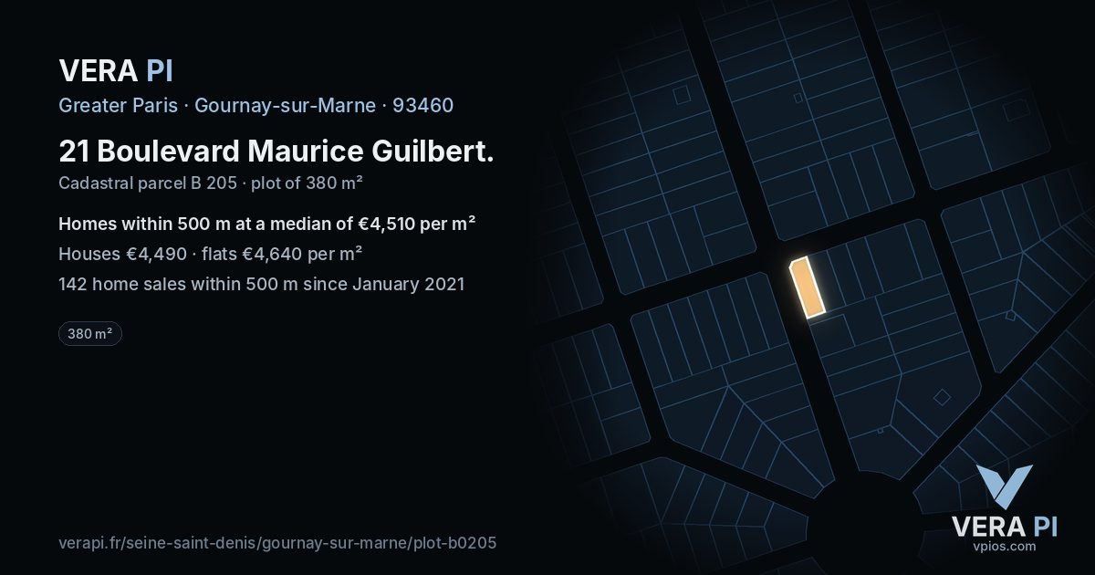 21 Boulevard Maurice Guilbert, Gournay-sur-Marne at night – the plot lit, the parcels around coloured by the prices near them