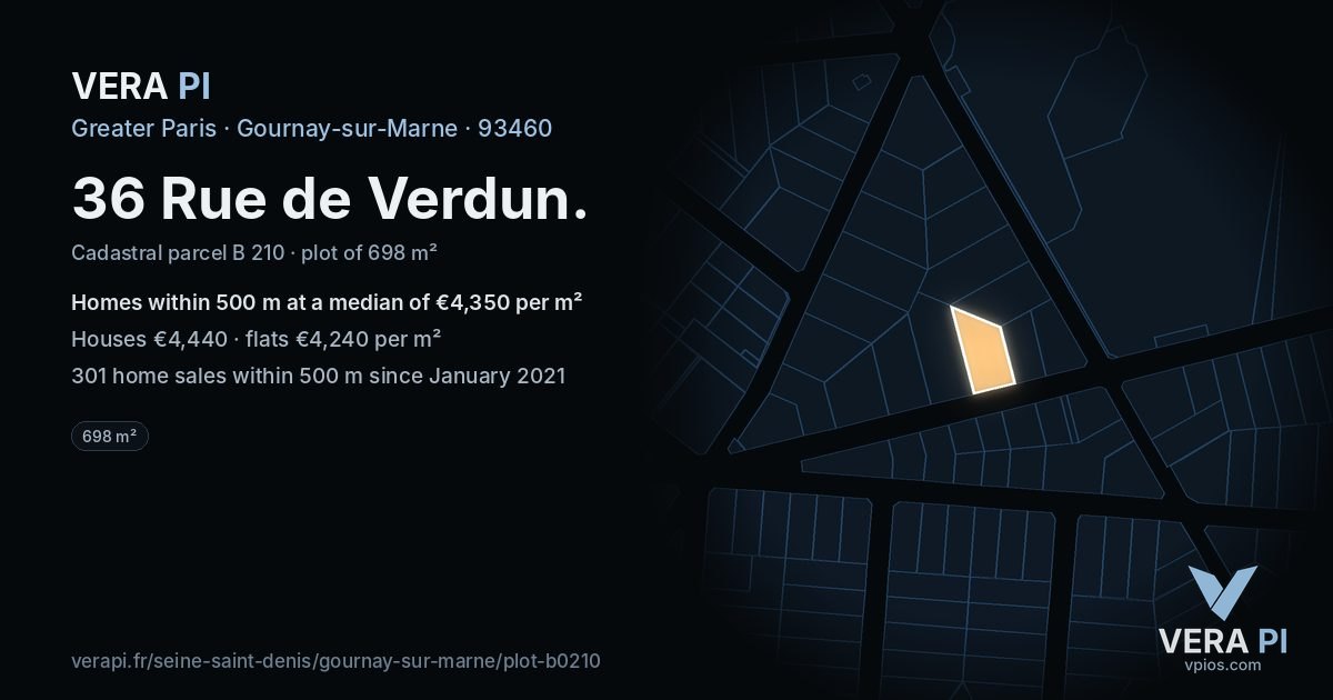 36 Rue de Verdun, Gournay-sur-Marne at night – the plot lit, the parcels around coloured by the prices near them