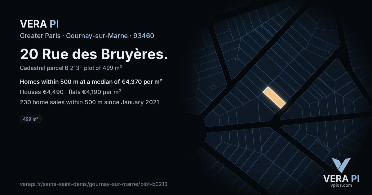 20 Rue des Bruyères, Gournay-sur-Marne at night – the plot lit, the parcels around coloured by the prices near them