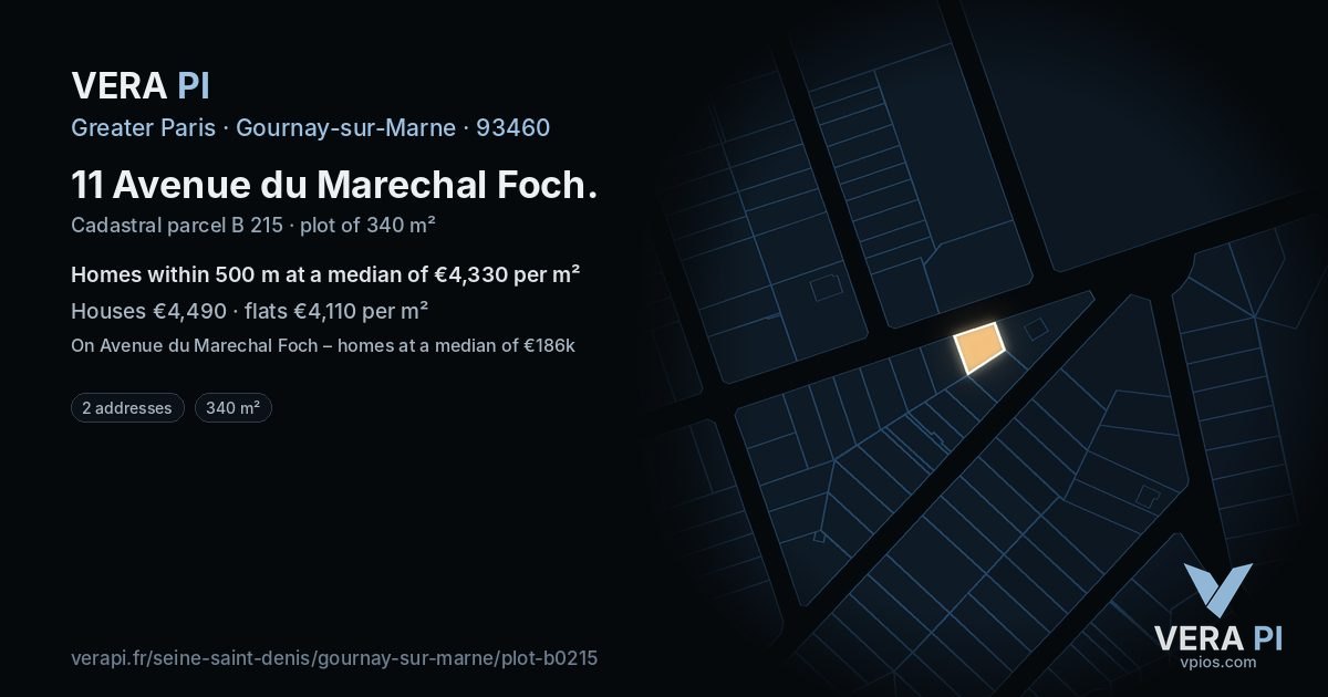 11 Avenue du Marechal Foch, Gournay-sur-Marne at night – the plot lit, the parcels around coloured by the prices near them