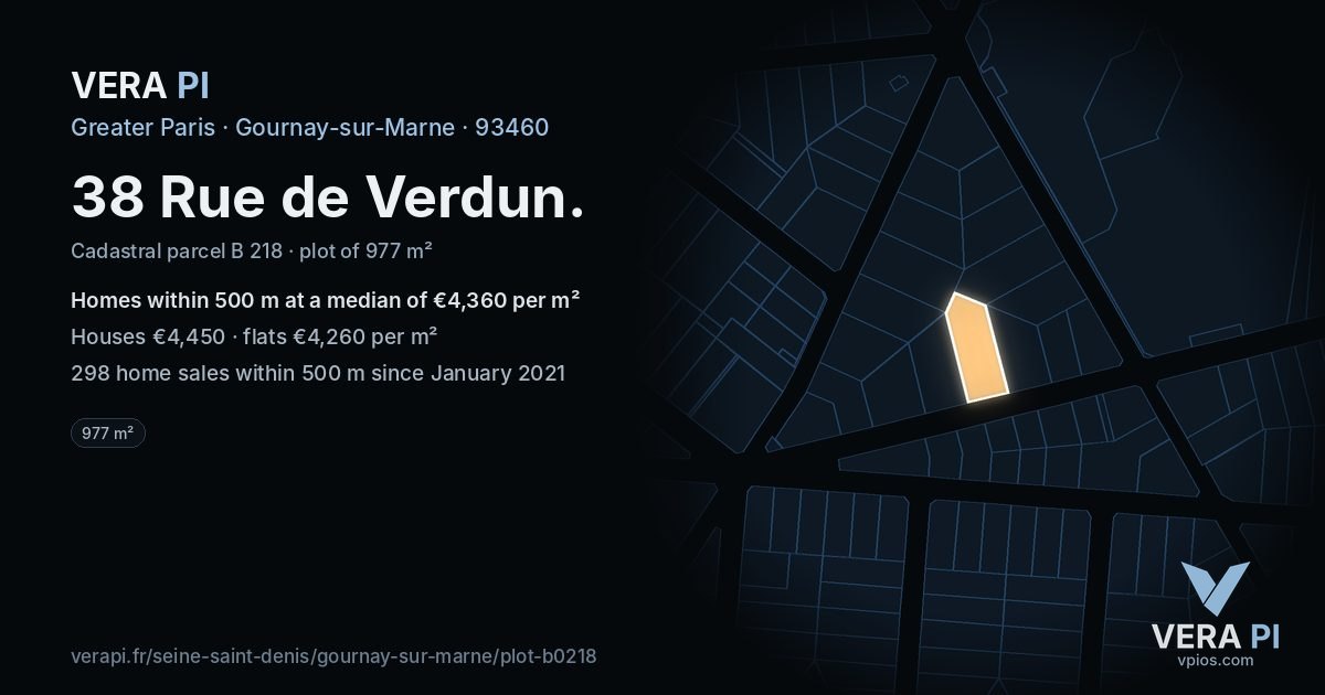 38 Rue de Verdun, Gournay-sur-Marne at night – the plot lit, the parcels around coloured by the prices near them